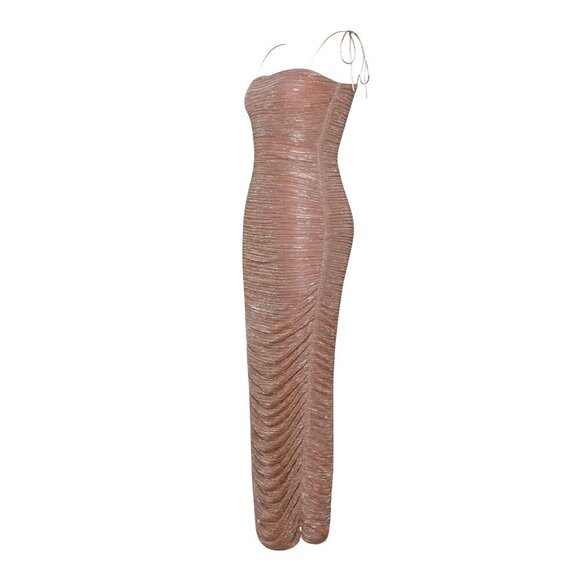 The Glint Rose Gold Ruched Chiffon Long Maxi Dress - Picture 7 of 8